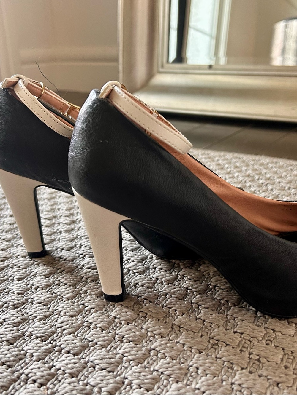 Two-Tone Ankle Strap Heels - Black and Cream